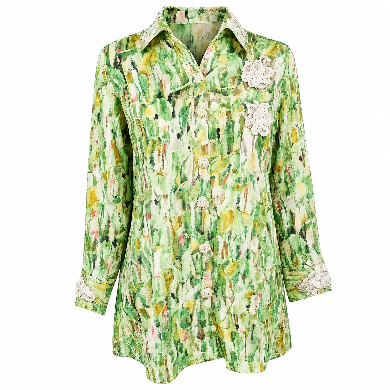 Green Abstract Printed Shirt with Lace Accents